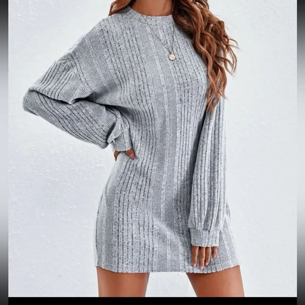 Women's Heather Grey Ribbed Relax Fit Sweater Dress - Size Large